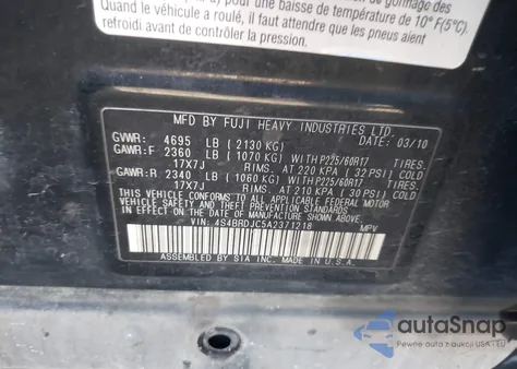 2010 Subaru Outback 3.6R Limited из США, поврежденный, VIN 4S4BRDJC5A2371218